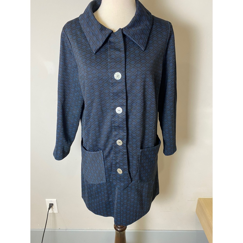 Vintage 1970s Blue Black Geometric Diamond Knit‎ Mod Shift Dress Jacket Tunic